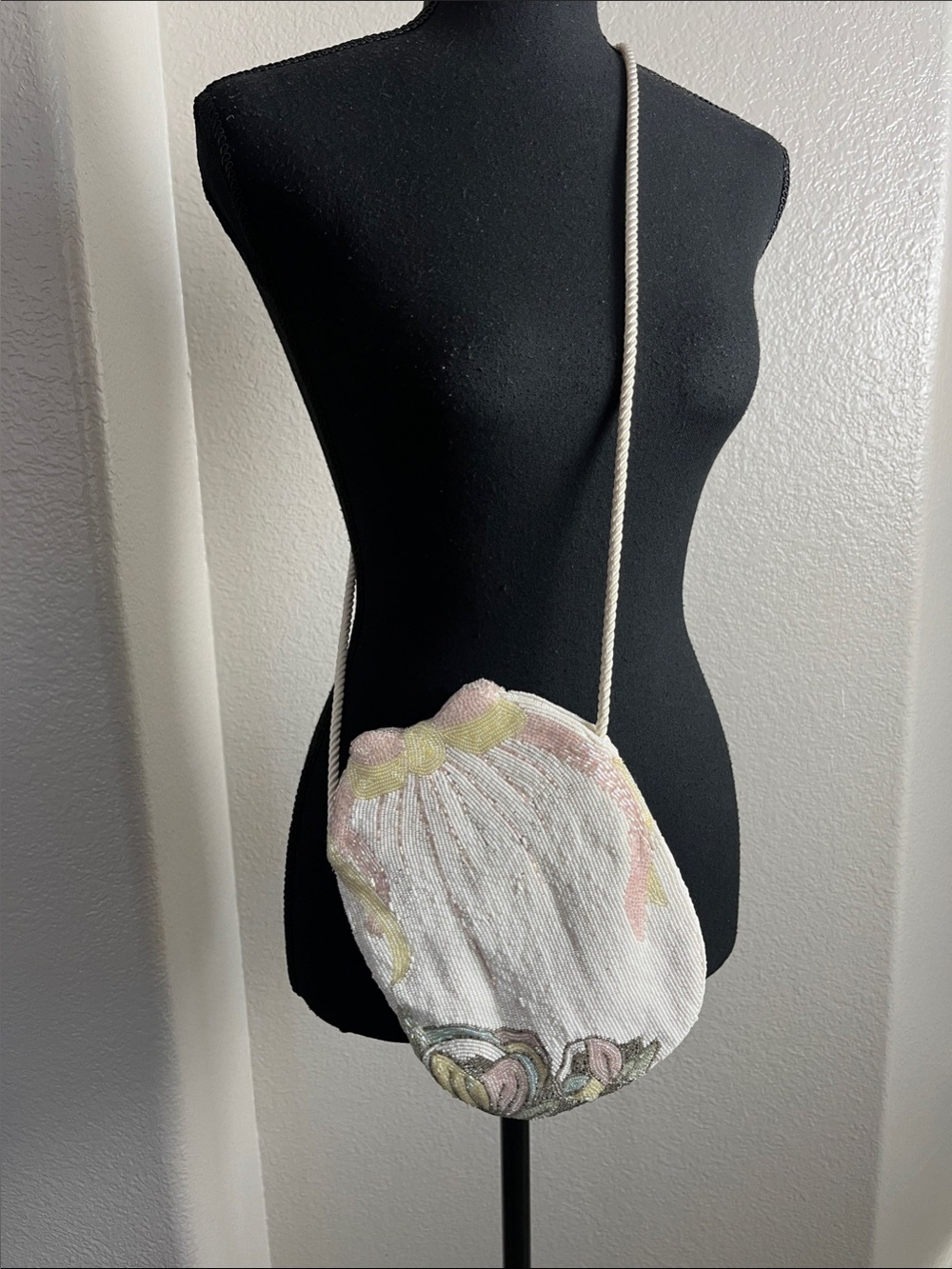 Beaded Floral Drawstring Crossbody Bag - White with Pastel Accents